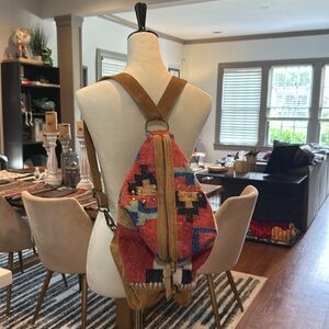 Free People Red and Tan Geometric Backpack